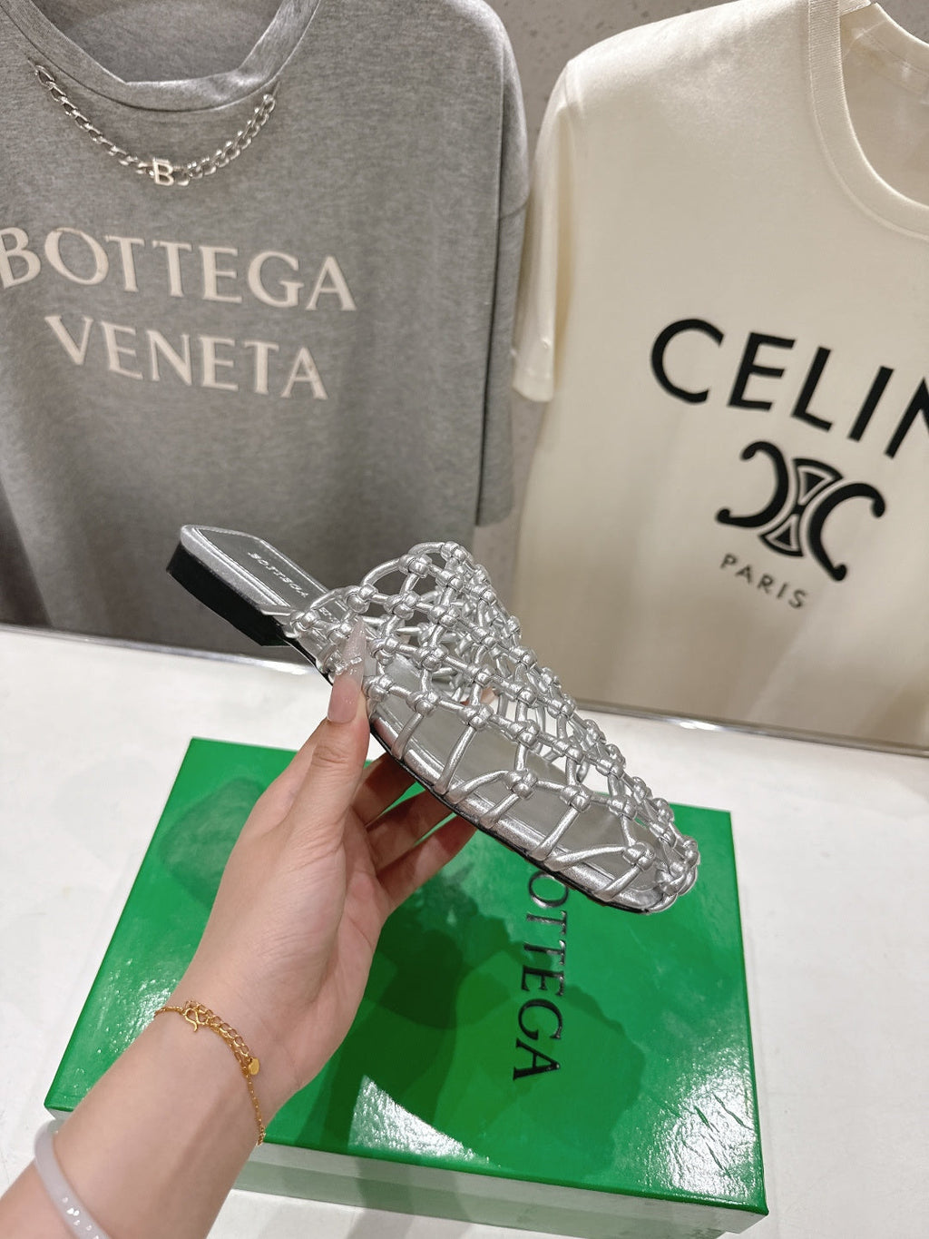 BOTTEGA VENETA 26S WOVEN MULES IN SILVER LAMBSKIN