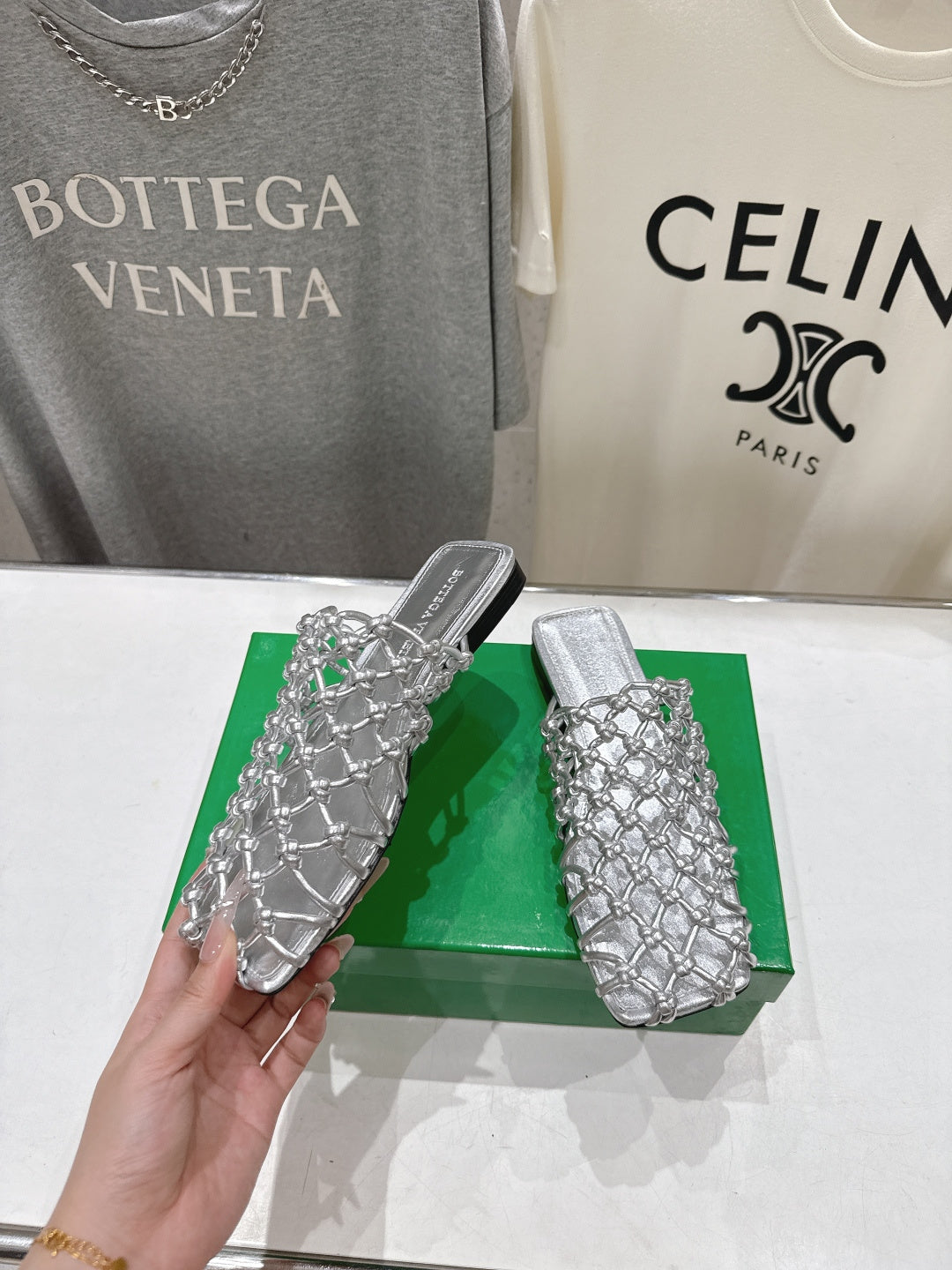 BOTTEGA VENETA 26S WOVEN MULES IN SILVER LAMBSKIN