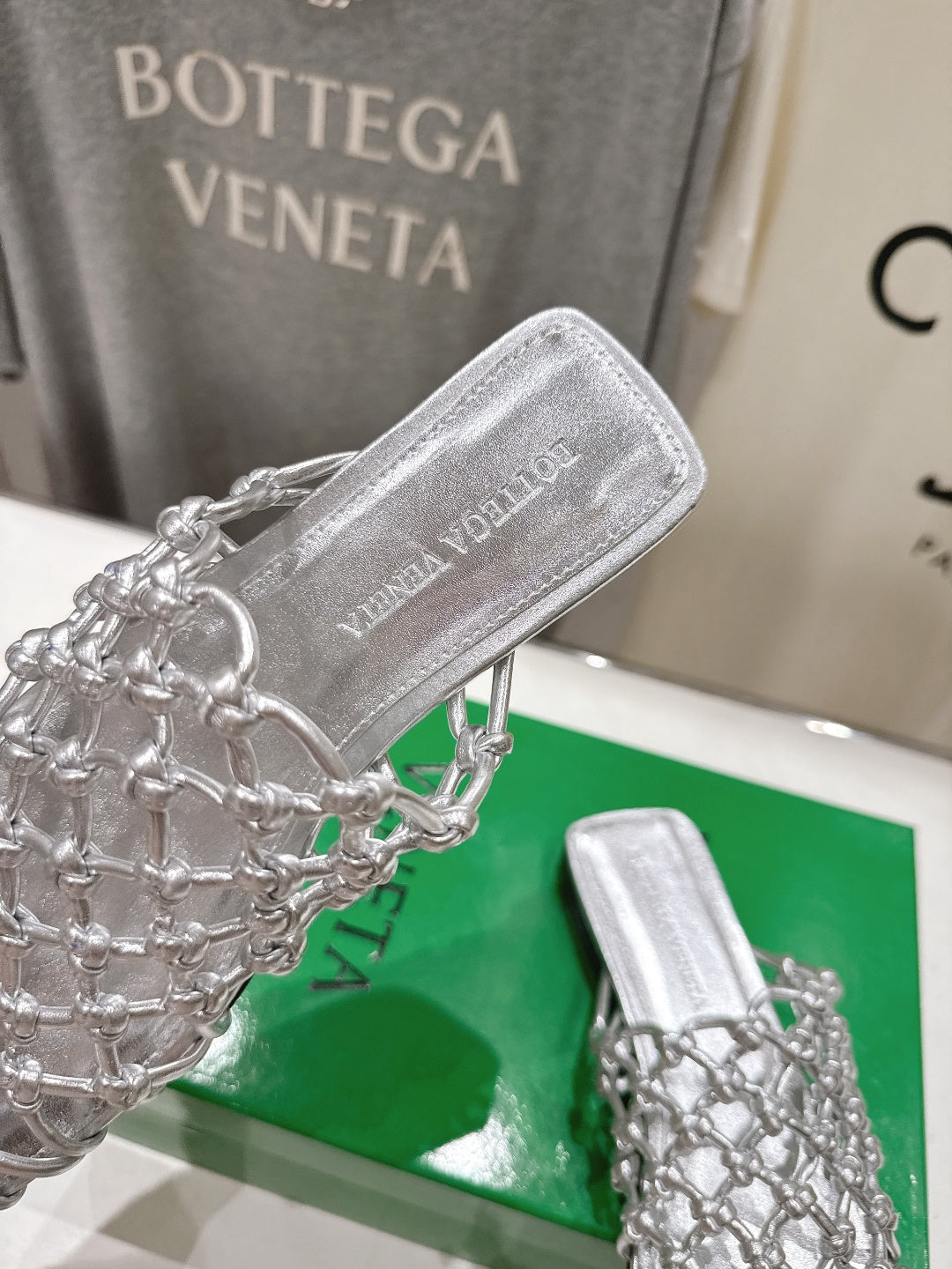 BOTTEGA VENETA 26S WOVEN MULES IN SILVER LAMBSKIN