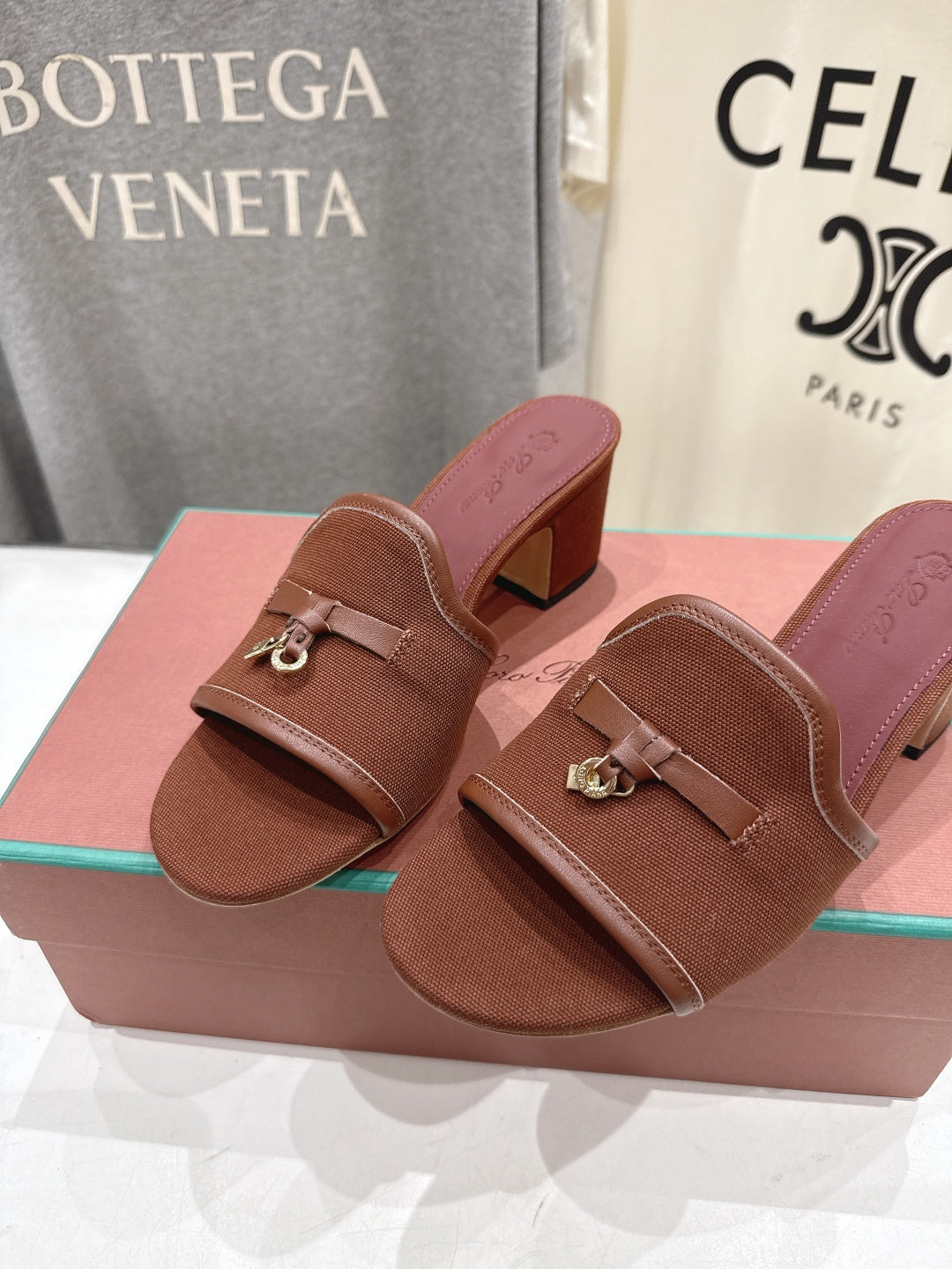 LP 26S HIGH HEEL SANDALS IN DARK BROWN CANVAS AND CALFSKIN