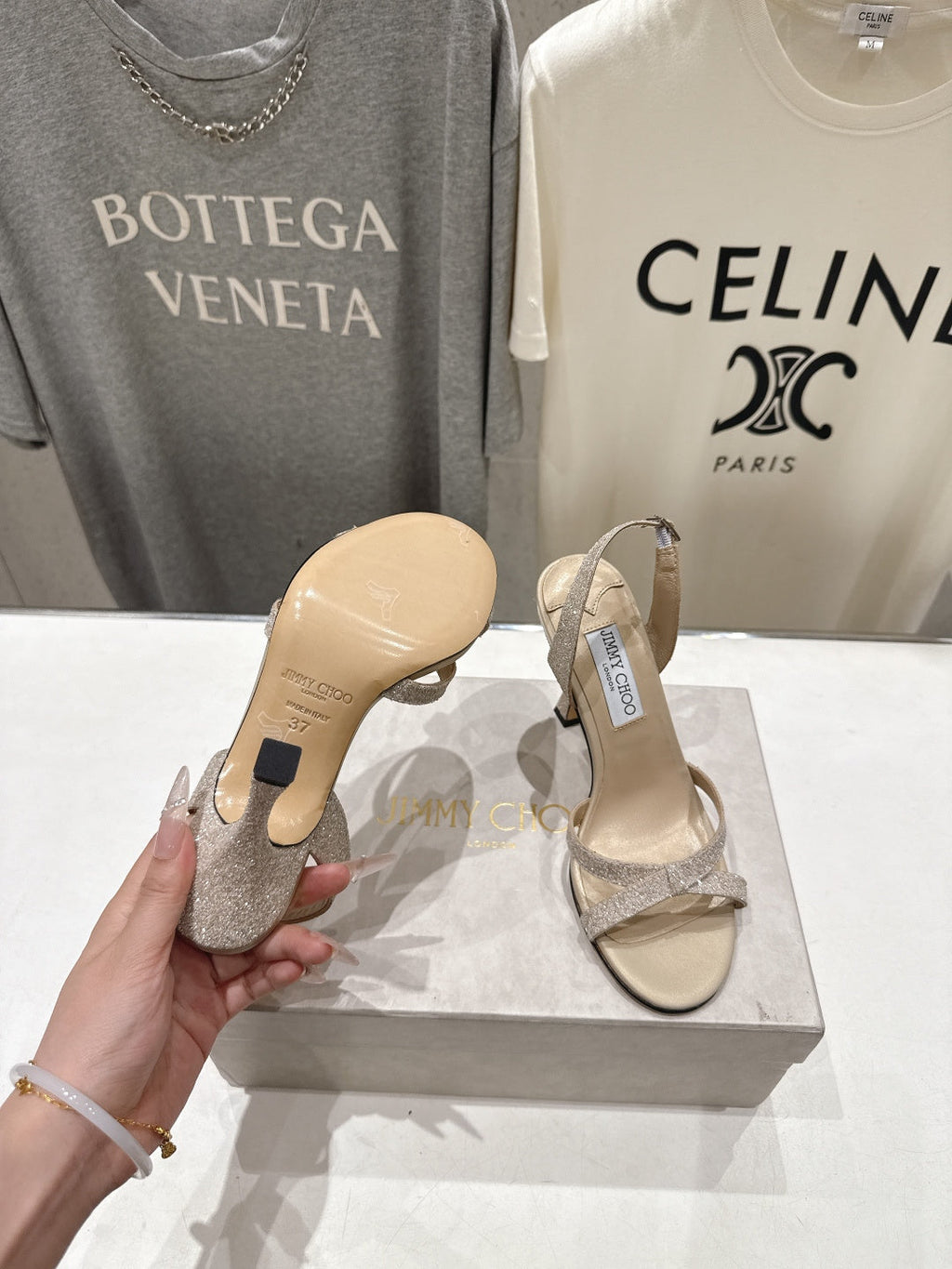 JIMMY CHOO 26S HIGH-HEELED SANDALS 100 MM IN LIGHT BEIGE GLITTER FABRIC