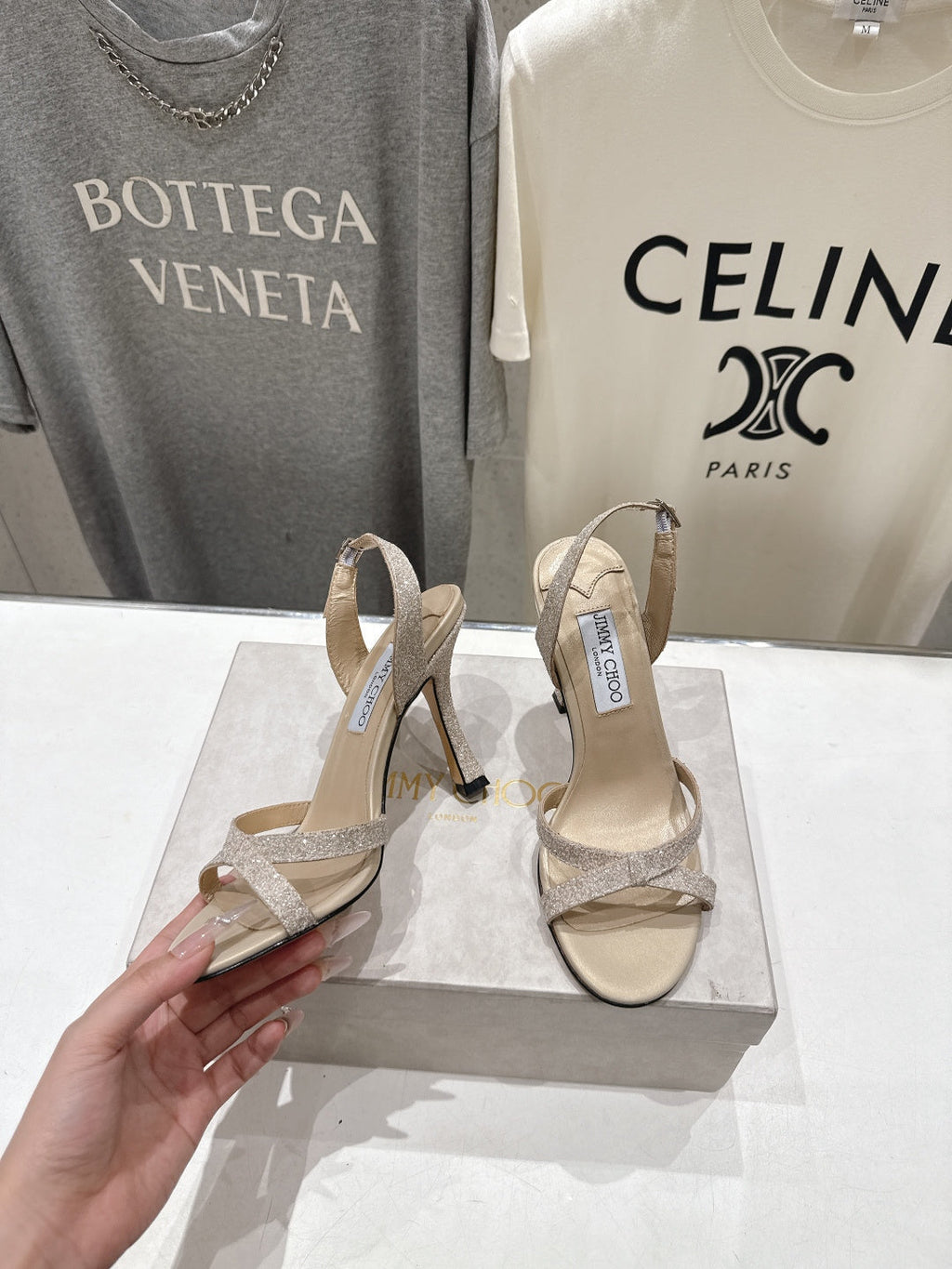 JIMMY CHOO 26S HIGH-HEELED SANDALS 100 MM IN LIGHT BEIGE GLITTER FABRIC