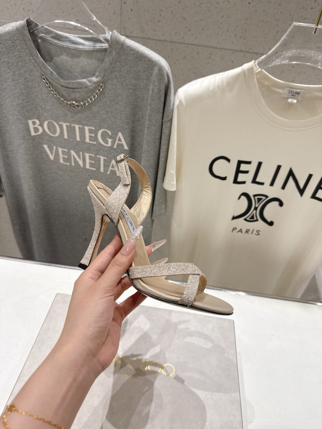 JIMMY CHOO 26S HIGH-HEELED SANDALS 100 MM IN LIGHT BEIGE GLITTER FABRIC