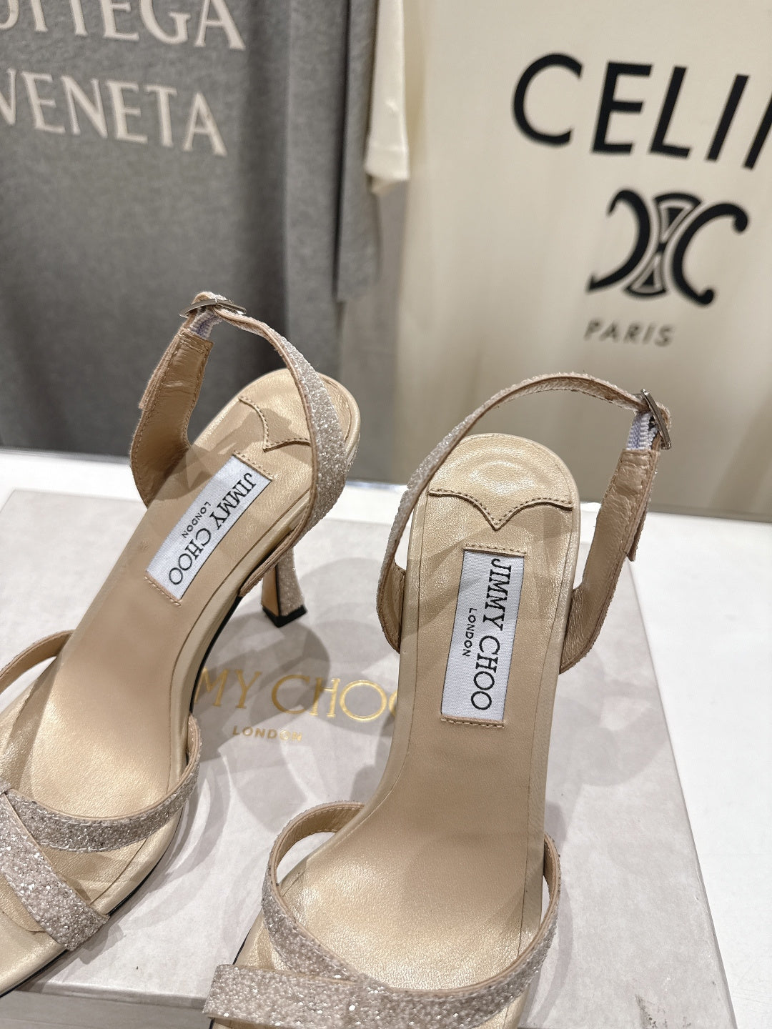JIMMY CHOO 26S HIGH-HEELED SANDALS 100 MM IN LIGHT BEIGE GLITTER FABRIC