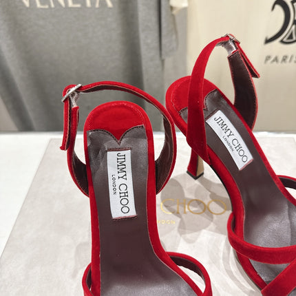 JIMMY CHOO 26S HIGH-HEELED SANDALS 100 MM IN RED VELVET