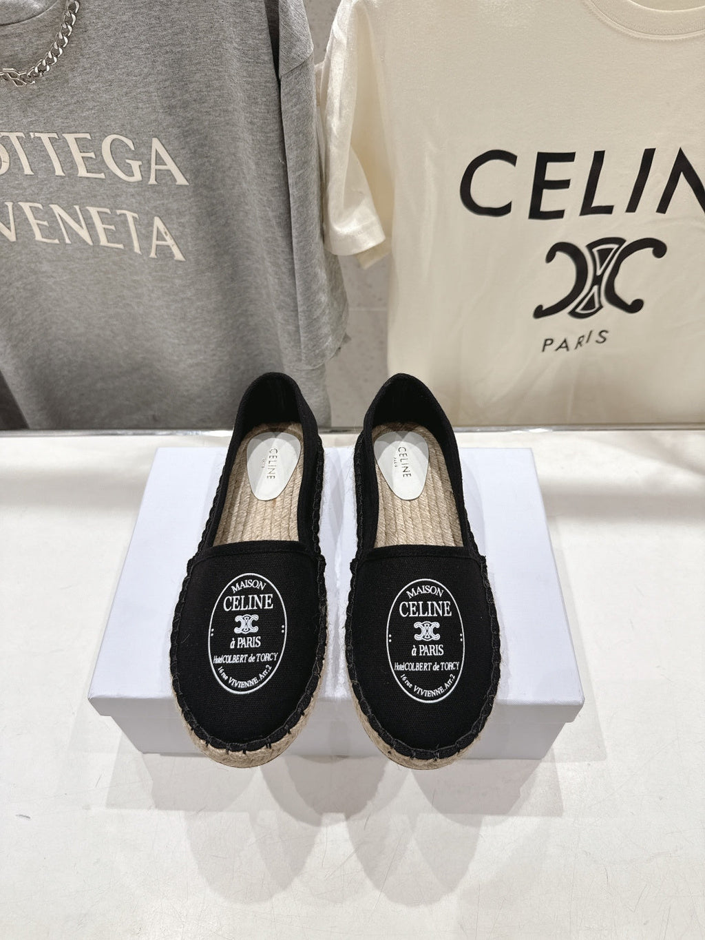 CELINE 26S MAISON PARIS EMBLEM ESPADRILLE FLATS IN BLACK CANVAS