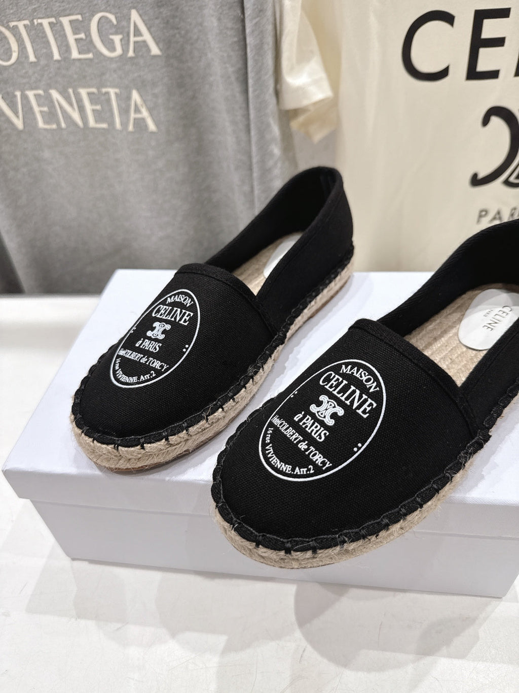 CELINE 26S MAISON PARIS EMBLEM ESPADRILLE FLATS IN BLACK CANVAS