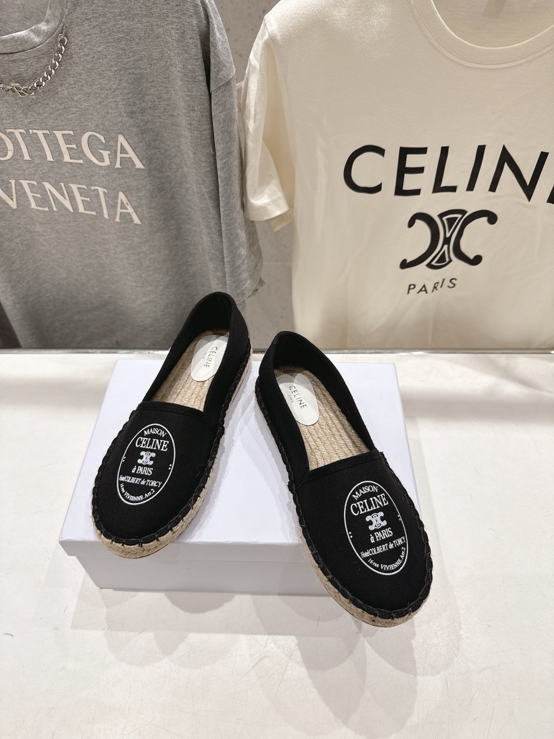 CELINE 26S MAISON PARIS EMBLEM ESPADRILLE FLATS IN BLACK CANVAS