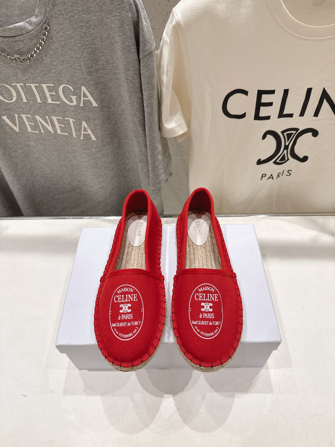CELINE 26S MAISON PARIS EMBLEM ESPADRILLE FLATS IN DARK RED CANVAS