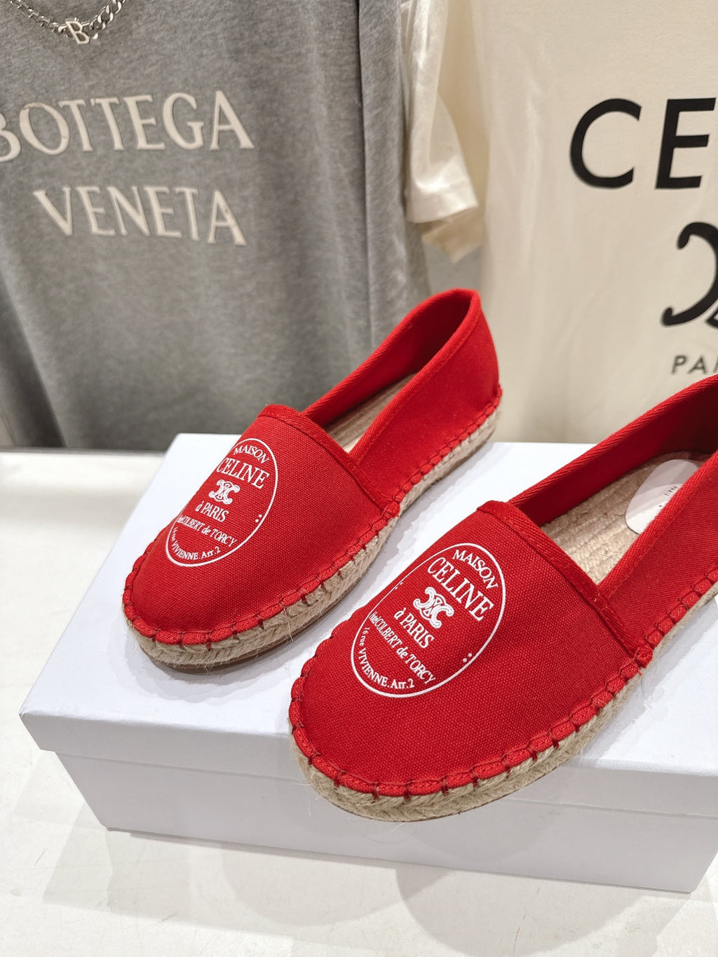 CELINE 26S MAISON PARIS EMBLEM ESPADRILLE FLATS IN DARK RED CANVAS