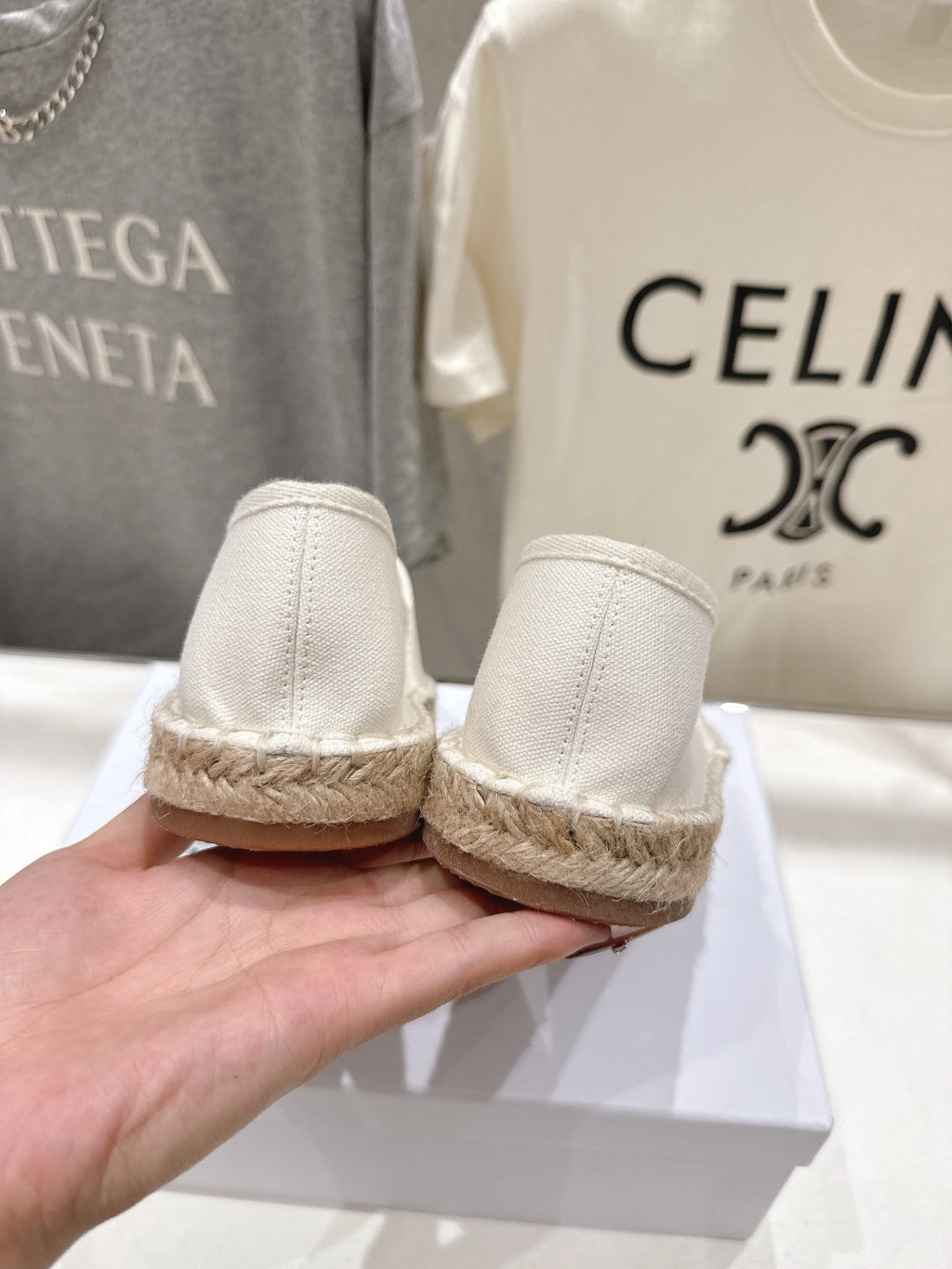 CELINE 26S MAISON PARIS EMBLEM ESPADRILLE FLATS IN IVORY WHITE CANVAS