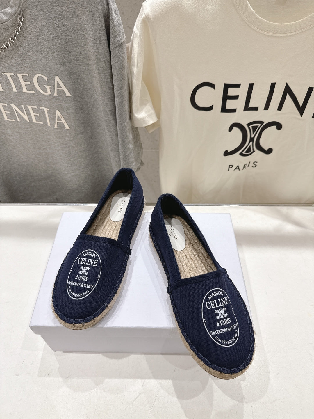 CELINE 26S MAISON PARIS EMBLEM ESPADRILLE FLATS IN NAVY BLUE CANVAS