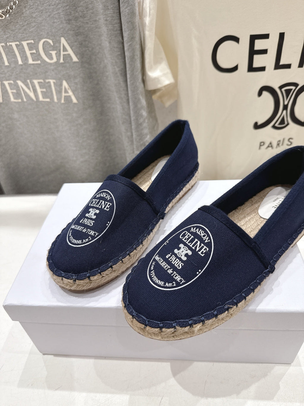 CELINE 26S MAISON PARIS EMBLEM ESPADRILLE FLATS IN NAVY BLUE CANVAS
