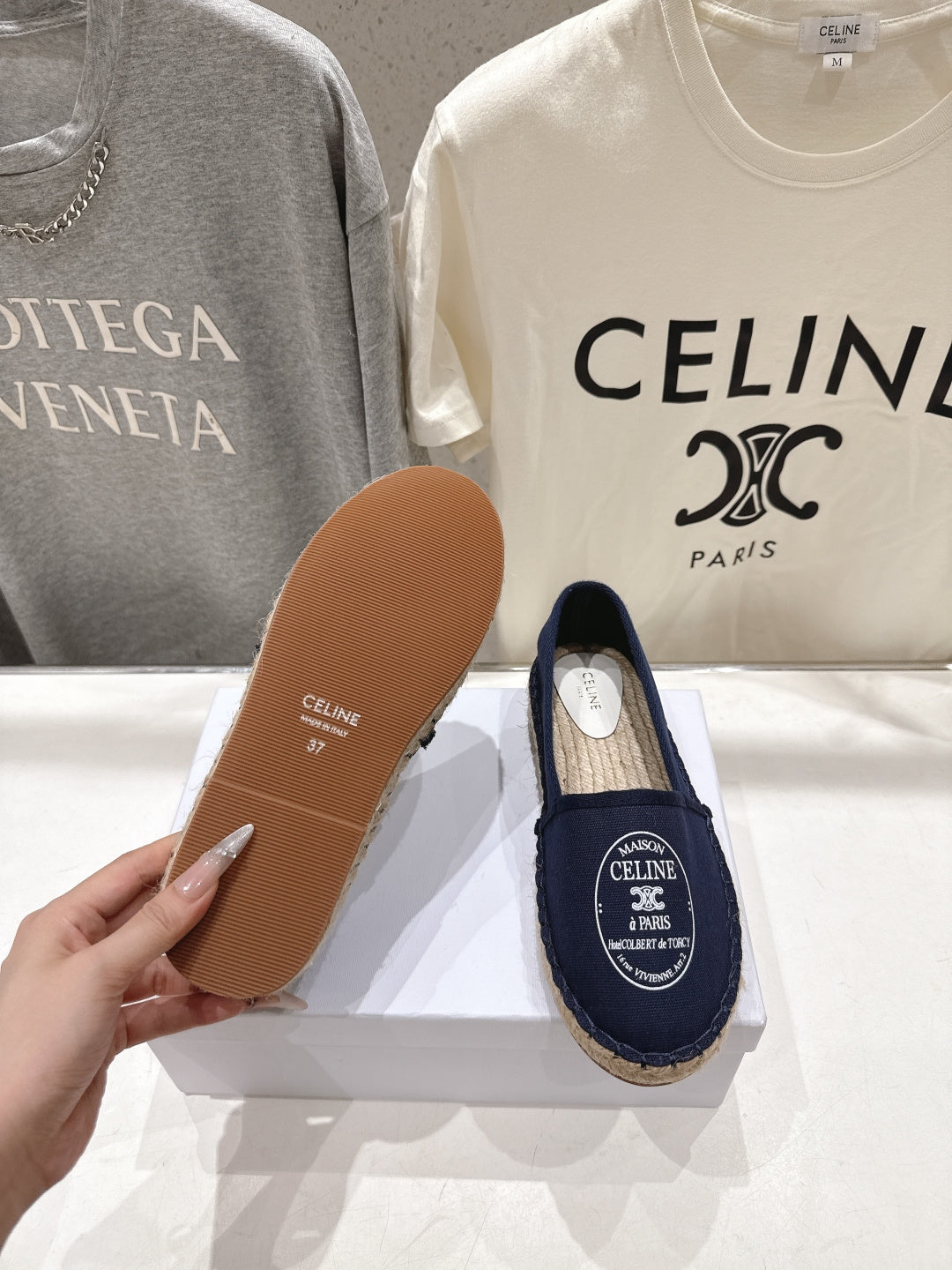 CELINE 26S MAISON PARIS EMBLEM ESPADRILLE FLATS IN NAVY BLUE CANVAS