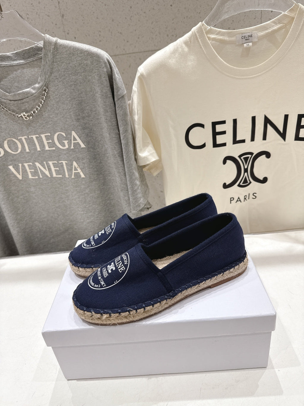 CELINE 26S MAISON PARIS EMBLEM ESPADRILLE FLATS IN NAVY BLUE CANVAS