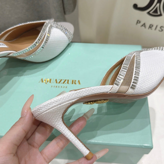 AQUAZZURA 26S HEEL SANDALS 80 MM IN WHITE CANVAS WITH CRYSTALS