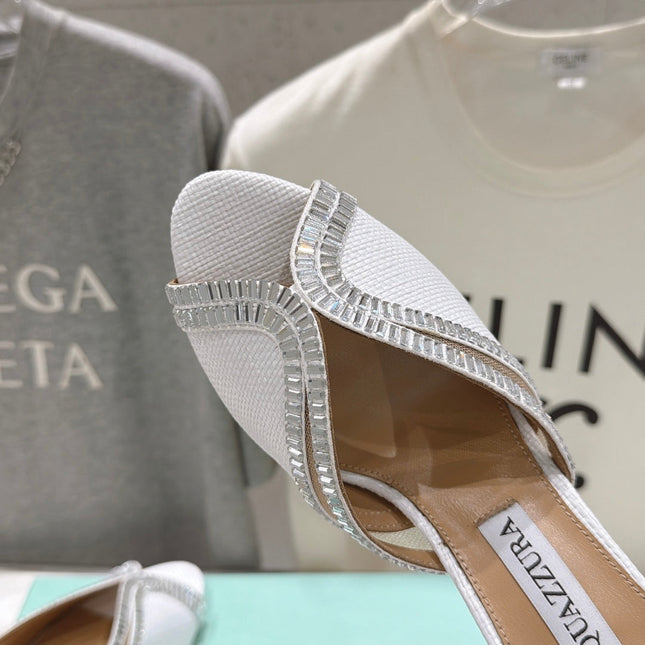 AQUAZZURA 26S HEEL SANDALS 80 MM IN WHITE CANVAS WITH CRYSTALS