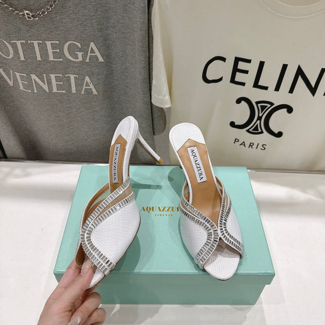 AQUAZZURA 26S HEEL SANDALS 80 MM IN WHITE CANVAS WITH CRYSTALS