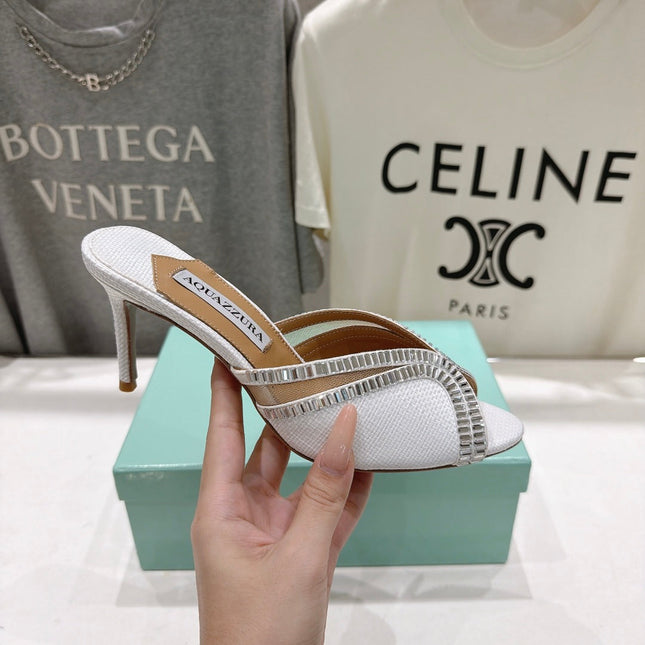 AQUAZZURA 26S HEEL SANDALS 80 MM IN WHITE CANVAS WITH CRYSTALS
