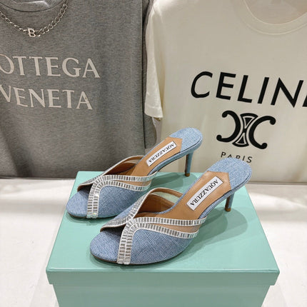 AQUAZZURA 26S HEEL SANDALS 80 MM IN SKY BLUE CANVAS WITH CRYSTALS