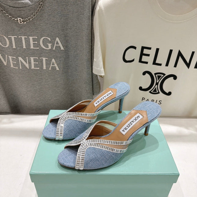 AQUAZZURA 26S HEEL SANDALS 80 MM IN SKY BLUE CANVAS WITH CRYSTALS