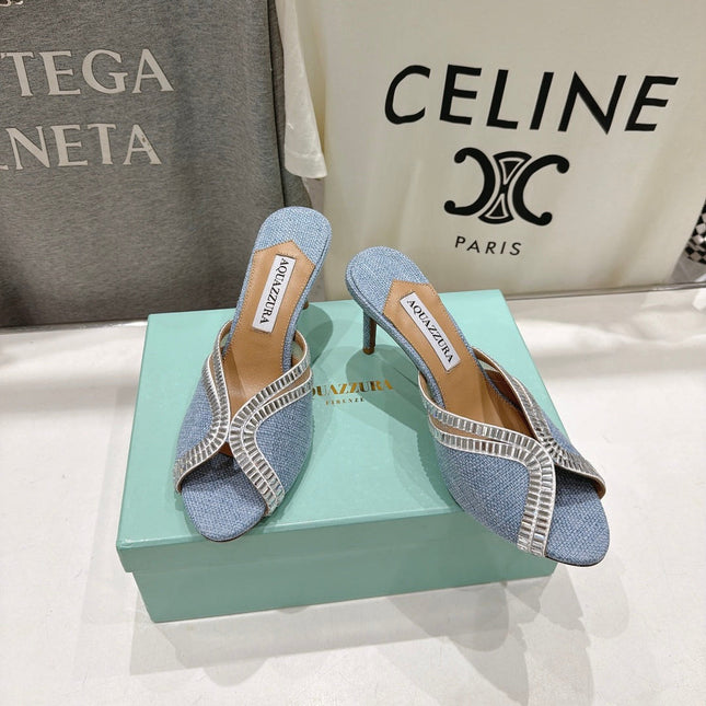 AQUAZZURA 26S HEEL SANDALS 80 MM IN SKY BLUE CANVAS WITH CRYSTALS