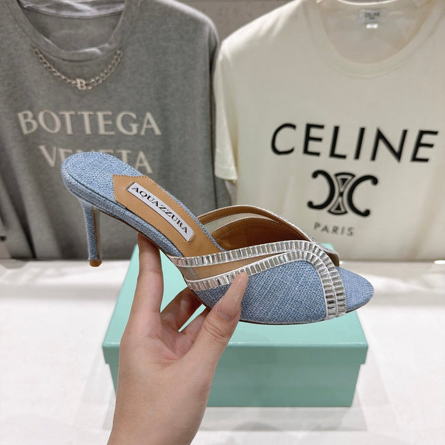 AQUAZZURA 26S HEEL SANDALS 80 MM IN SKY BLUE CANVAS WITH CRYSTALS