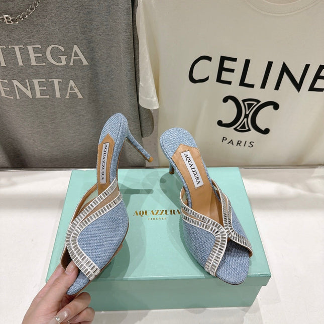 AQUAZZURA 26S HEEL SANDALS 80 MM IN SKY BLUE CANVAS WITH CRYSTALS