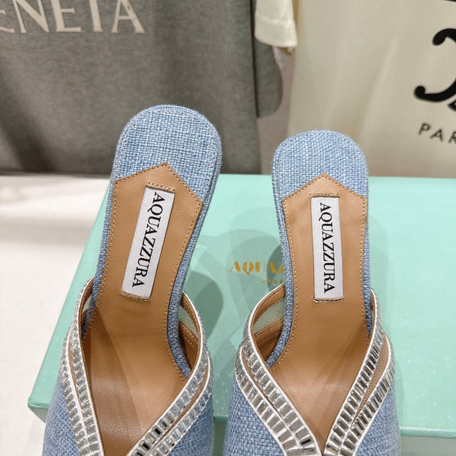 AQUAZZURA 26S HEEL SANDALS 80 MM IN SKY BLUE CANVAS WITH CRYSTALS