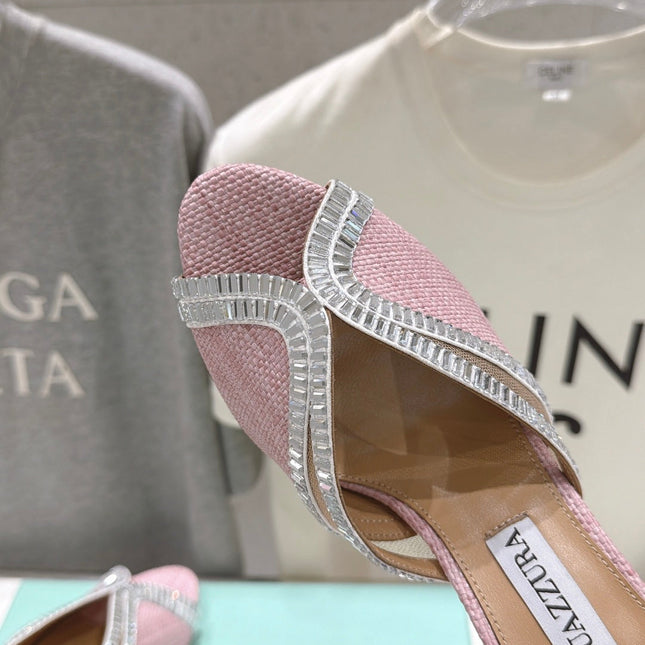 AQUAZZURA 26S HEEL SANDALS 80 MM IN LIGHT PINK CANVAS WITH CRYSTALS