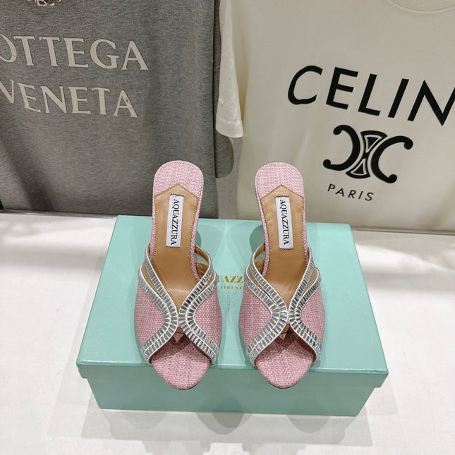 AQUAZZURA 26S HEEL SANDALS 80 MM IN LIGHT PINK CANVAS WITH CRYSTALS