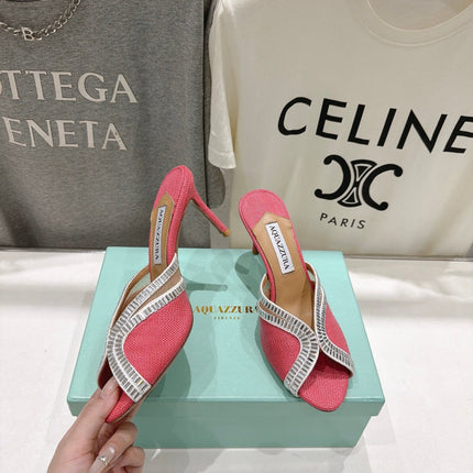 AQUAZZURA 26S HEEL SANDALS 80 MM IN CORAL PINK CANVAS WITH CRYSTALS