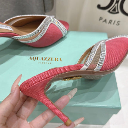 AQUAZZURA 26S HEEL SANDALS 80 MM IN CORAL PINK CANVAS WITH CRYSTALS
