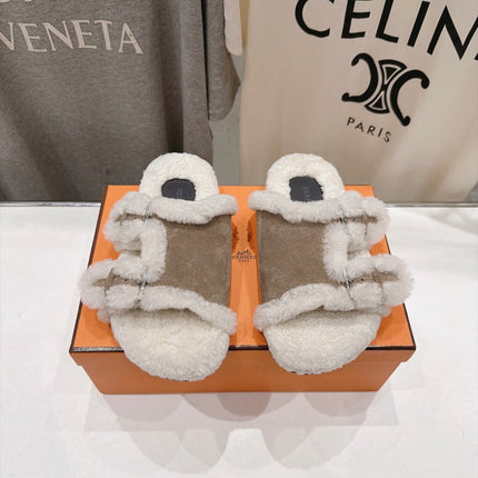 HM 26S CHYPRE SANDALS IN GREYISH BEIGE SUEDE AND CREAM WHITE WOOL