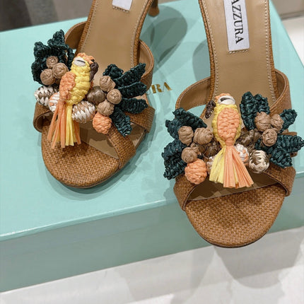 AQUAZZURA 26S FLORAL APPLIQUE SANDALS 80 MM IN BROWN WOVEN FABRIC