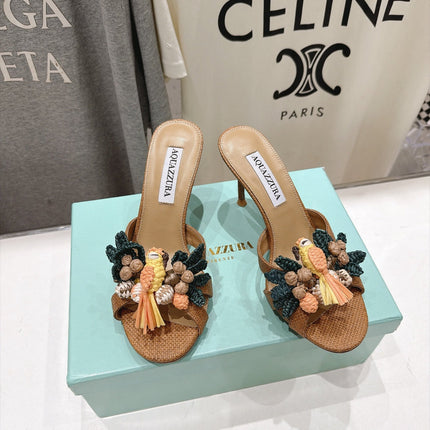 AQUAZZURA 26S FLORAL APPLIQUE SANDALS 80 MM IN BROWN WOVEN FABRIC