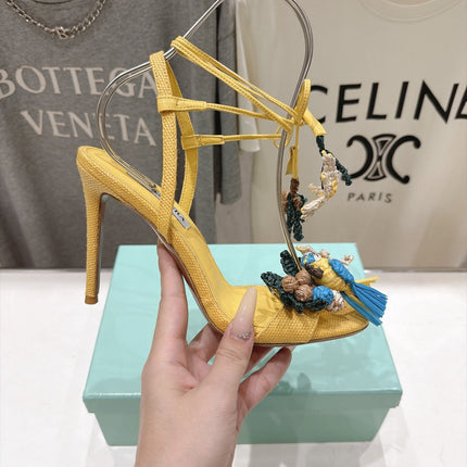 AQUAZZURA 26S FLORAL APPLIQUE SANDALS 100 MM IN YELLOW WOVEN FABRIC