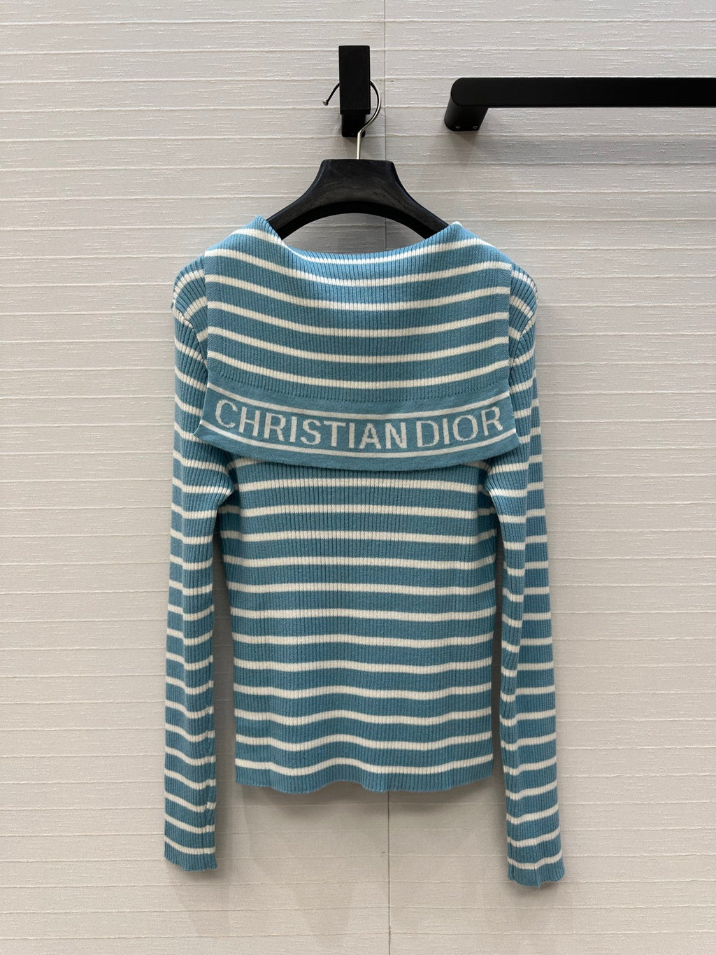 DIOR MUTED BLUE-GREY STRIPED LONG-SLEEVE KNIT SWEATER