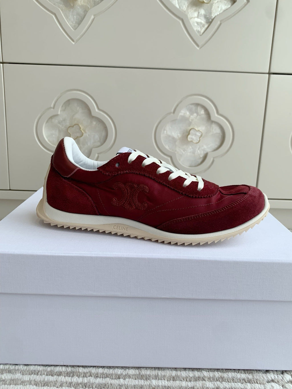 CELINE 26S TRIOMPHE RUNNER SNEAKERS IN BURGUNDY RED NYLON AND SUEDE