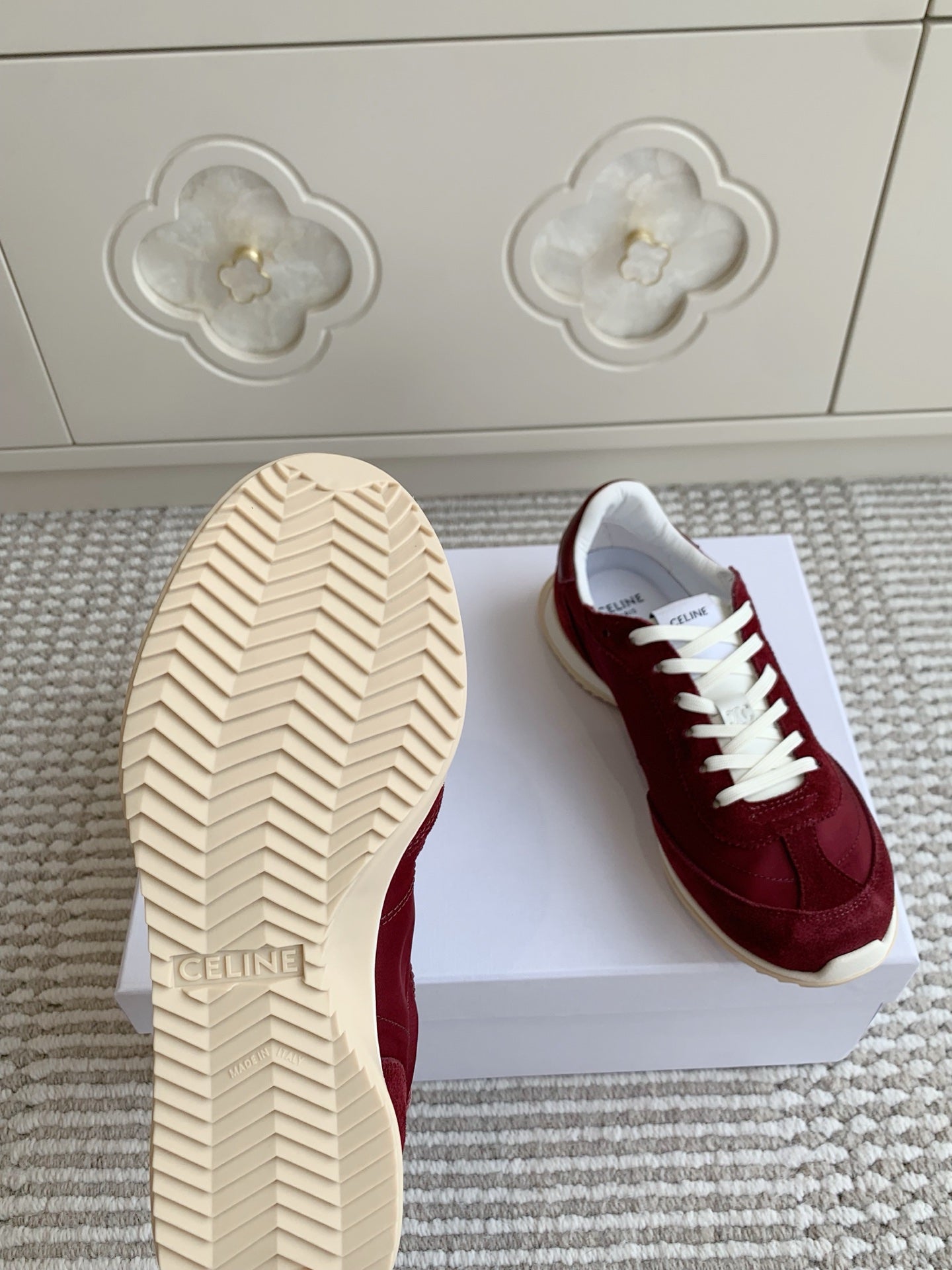 CELINE 26S TRIOMPHE RUNNER SNEAKERS IN BURGUNDY RED NYLON AND SUEDE