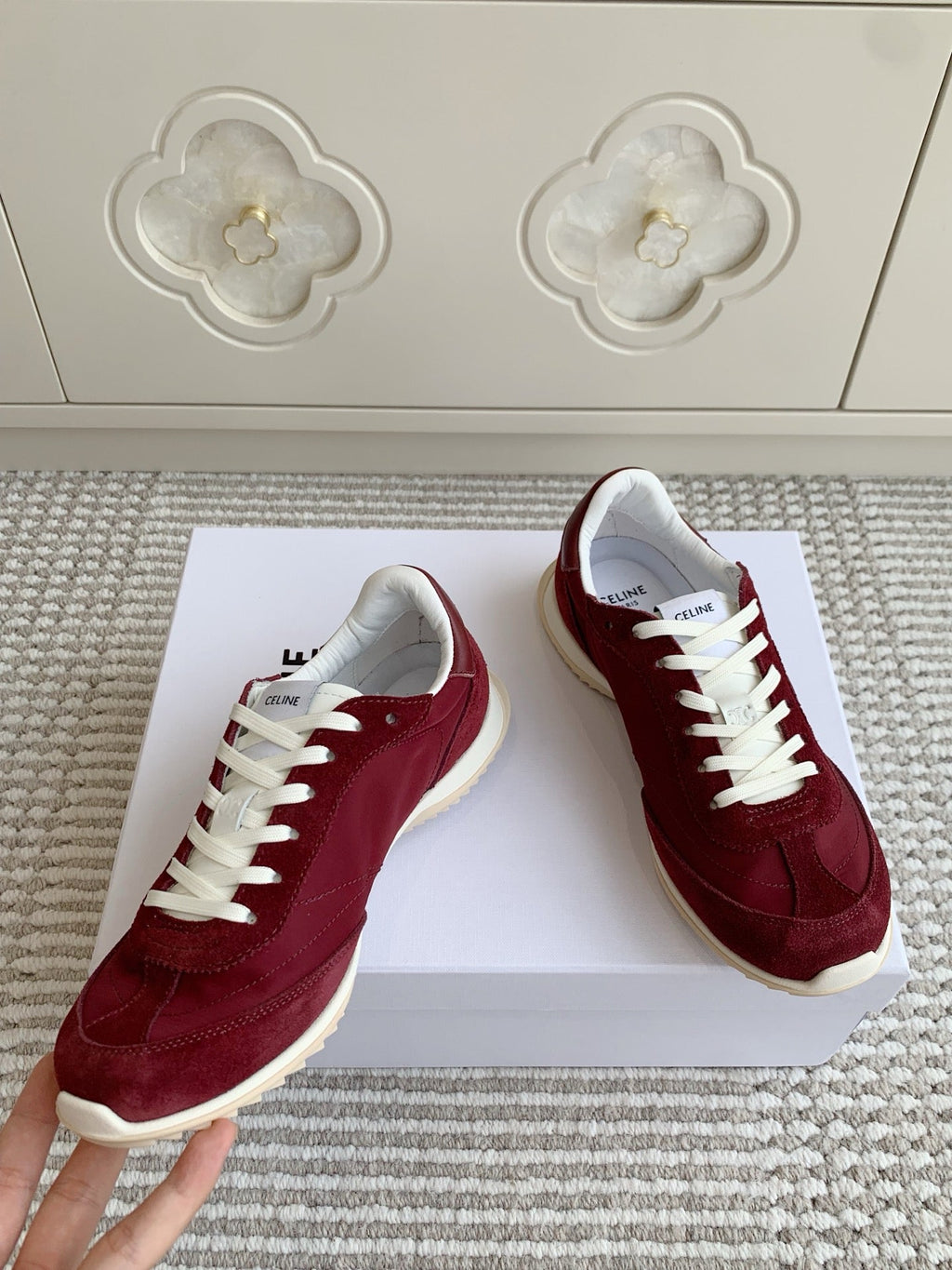 CELINE 26S TRIOMPHE RUNNER SNEAKERS IN BURGUNDY RED NYLON AND SUEDE