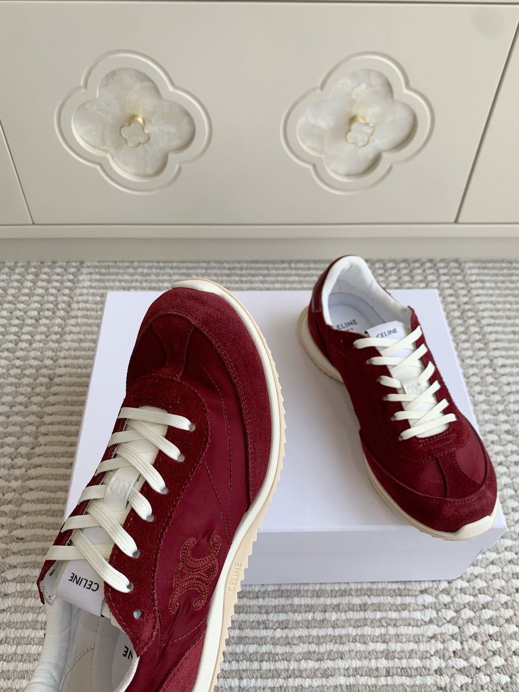CELINE 26S TRIOMPHE RUNNER SNEAKERS IN BURGUNDY RED NYLON AND SUEDE