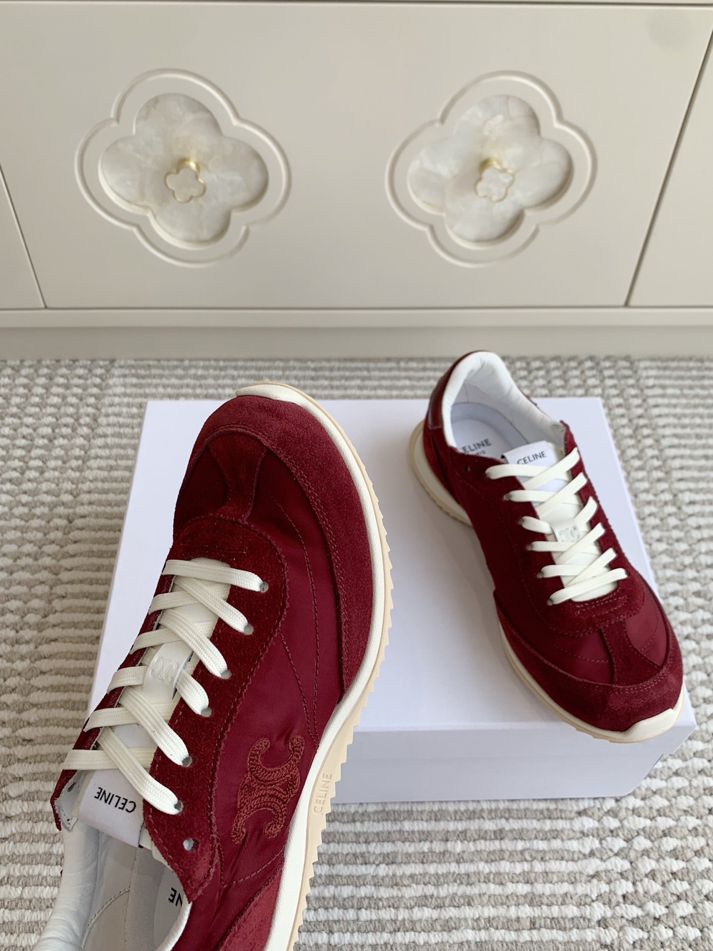 CELINE 26S TRIOMPHE RUNNER SNEAKERS IN BURGUNDY RED NYLON AND SUEDE
