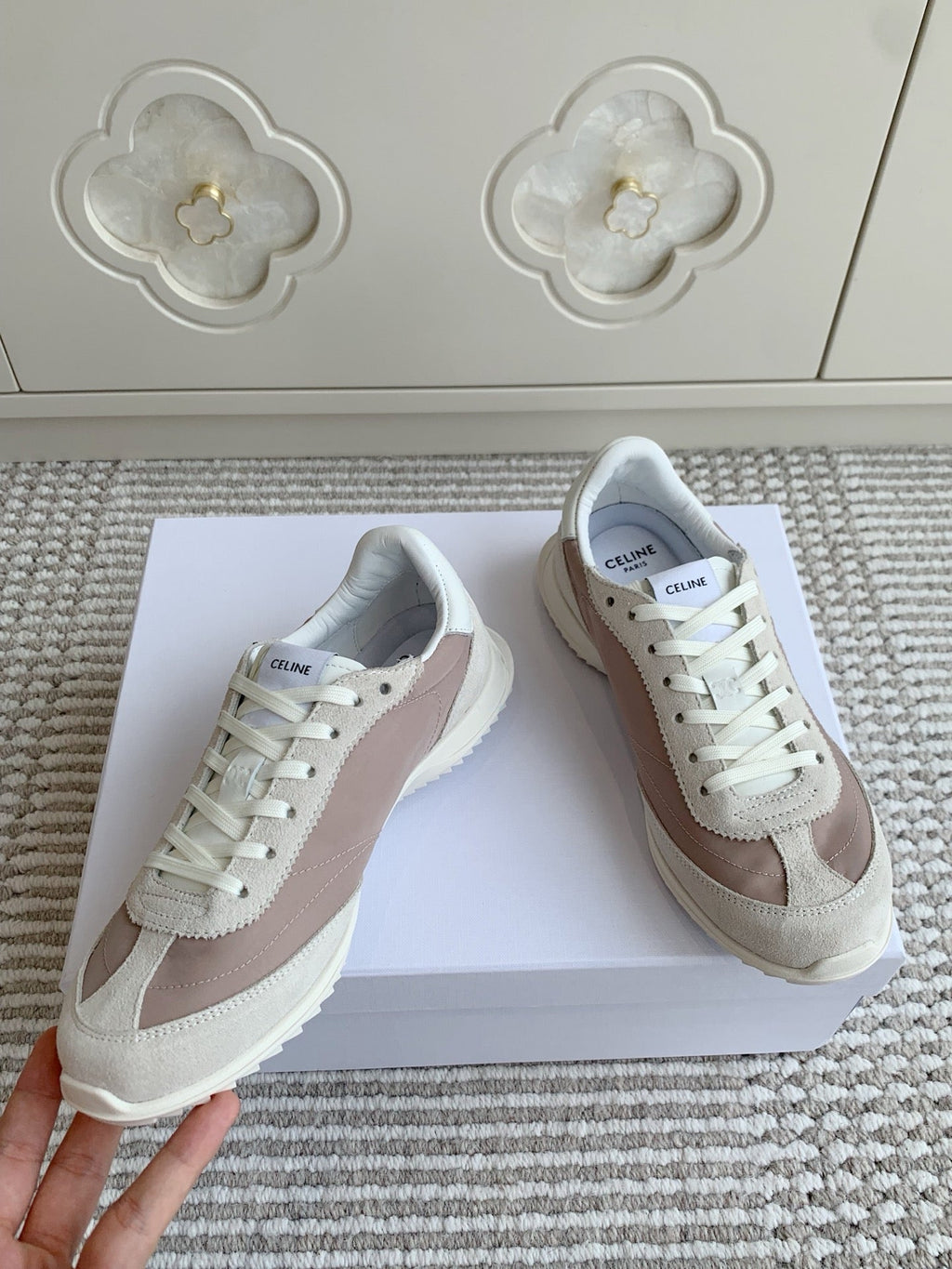CELINE 26S TRIOMPHE RUNNER SNEAKERS IN MAUVE TAUPE NYLON AND LIGHT GREY SUEDE