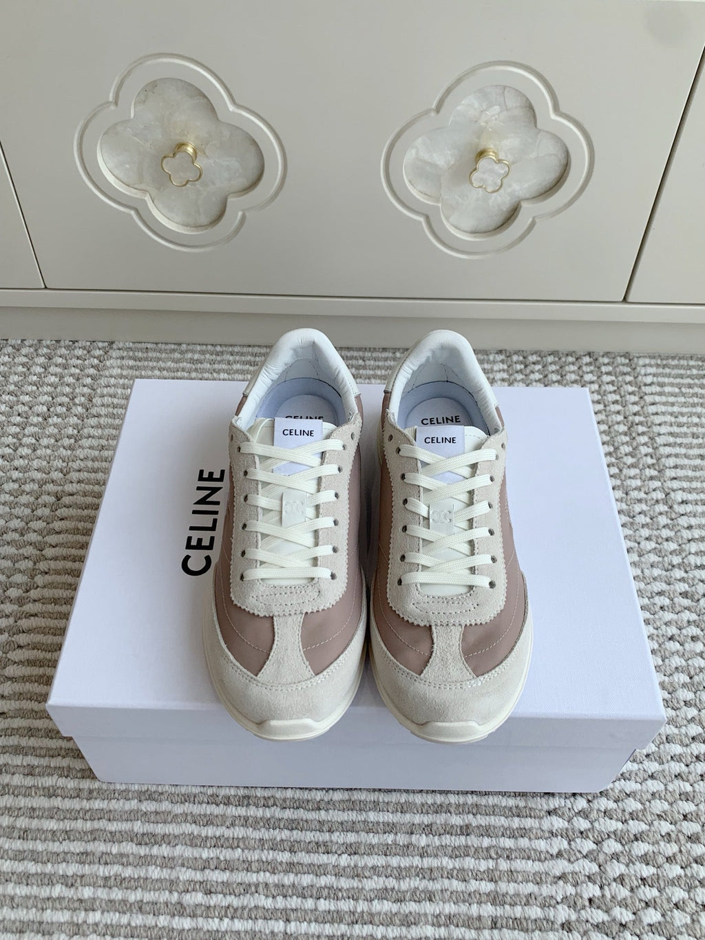 CELINE 26S TRIOMPHE RUNNER SNEAKERS IN MAUVE TAUPE NYLON AND LIGHT GREY SUEDE