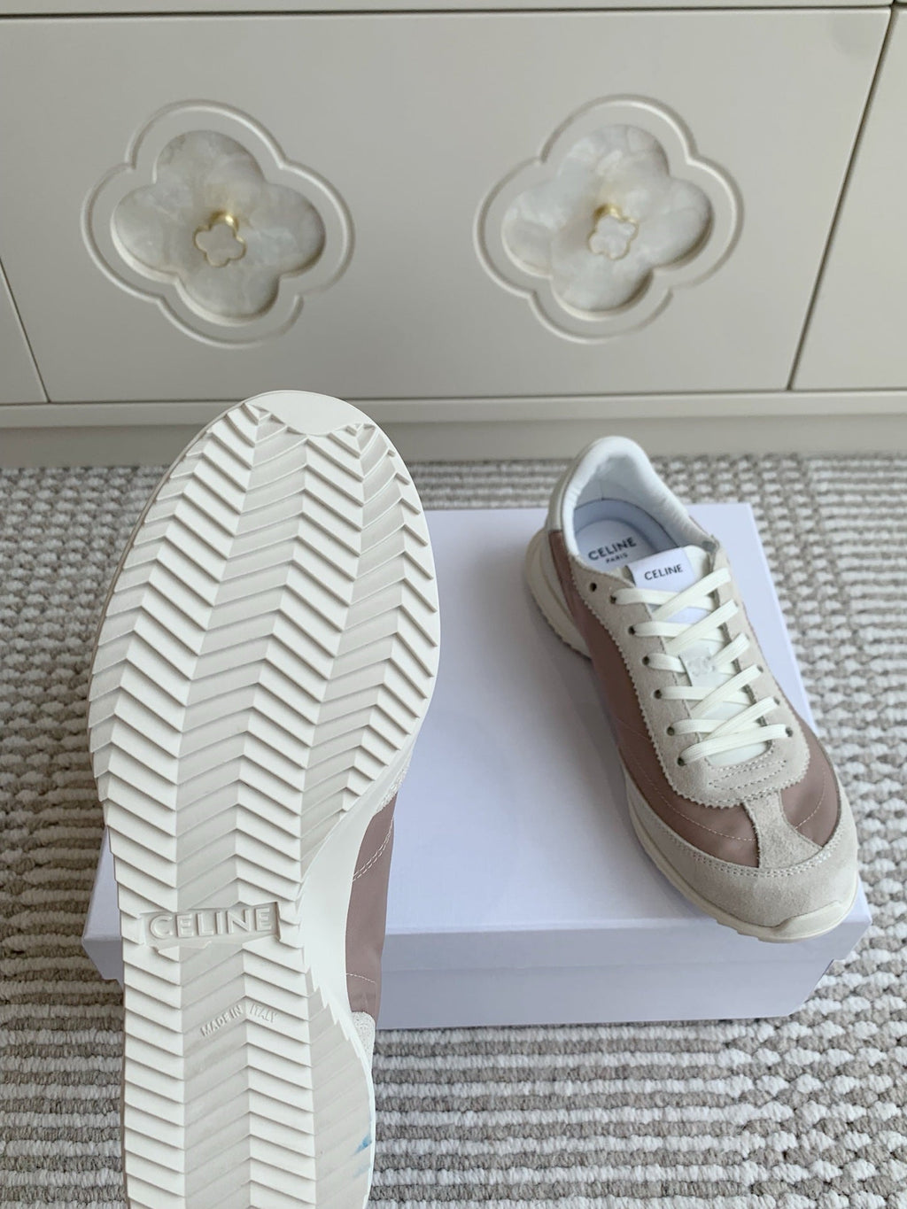 CELINE 26S TRIOMPHE RUNNER SNEAKERS IN MAUVE TAUPE NYLON AND LIGHT GREY SUEDE