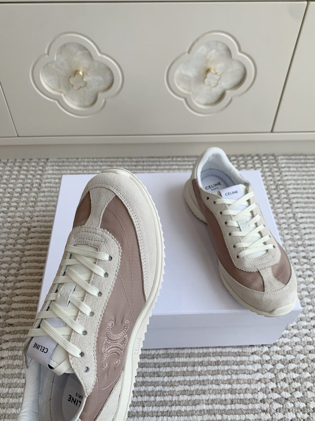 CELINE 26S TRIOMPHE RUNNER SNEAKERS IN MAUVE TAUPE NYLON AND LIGHT GREY SUEDE