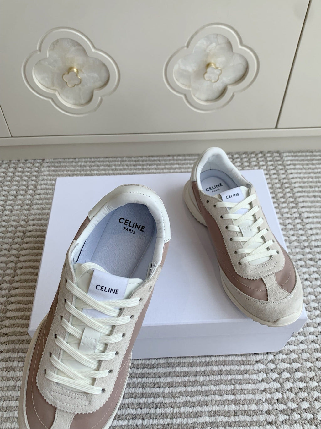 CELINE 26S TRIOMPHE RUNNER SNEAKERS IN MAUVE TAUPE NYLON AND LIGHT GREY SUEDE
