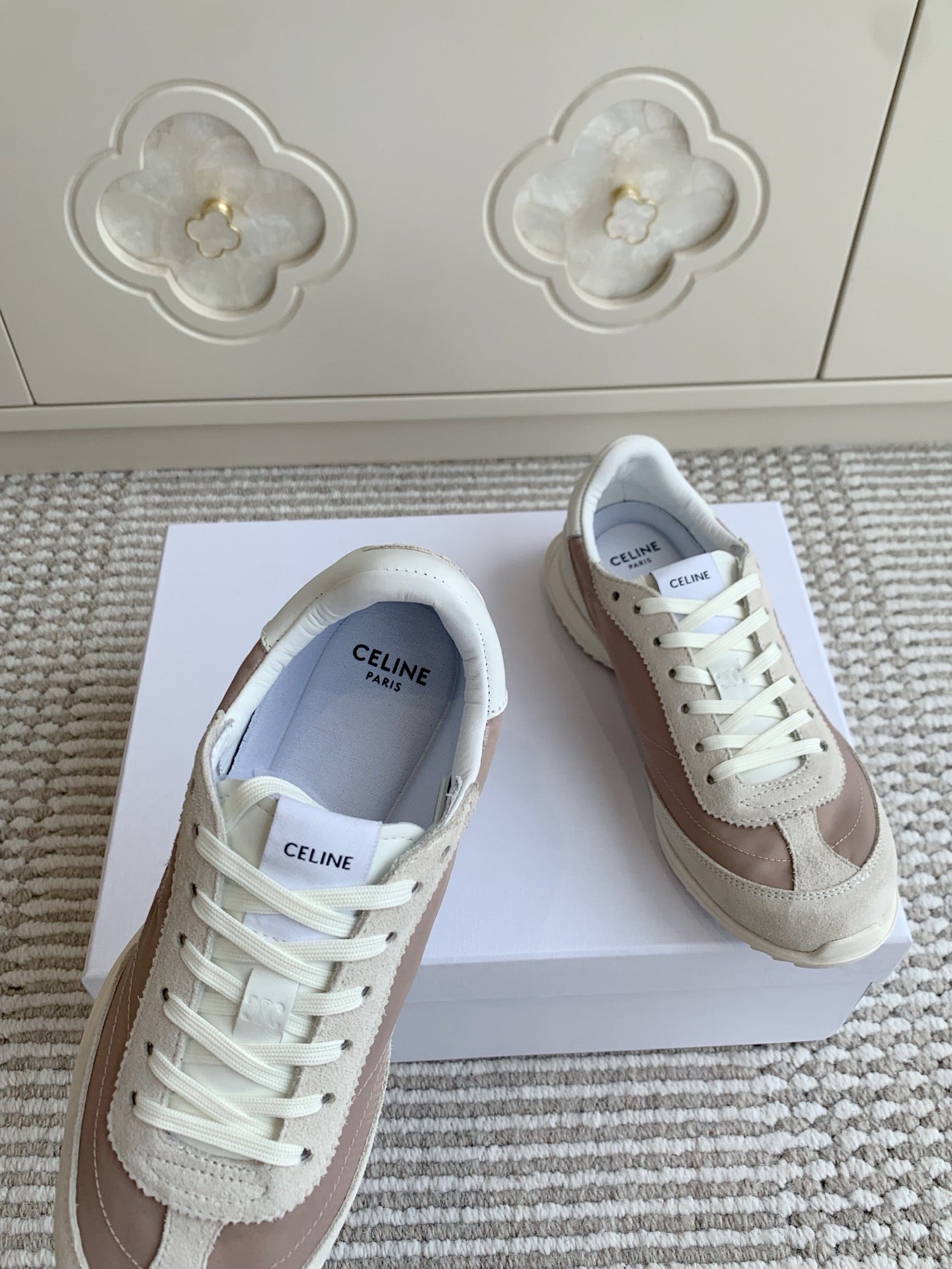 CELINE 26S TRIOMPHE RUNNER SNEAKERS IN MAUVE TAUPE NYLON AND LIGHT GREY SUEDE