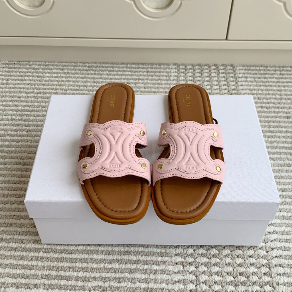 CELINE 26S TRIOMPHE SLIDE SANDALS IN LIGHT PINK CALFSKIN WITH TAN BROWN FOOTBED